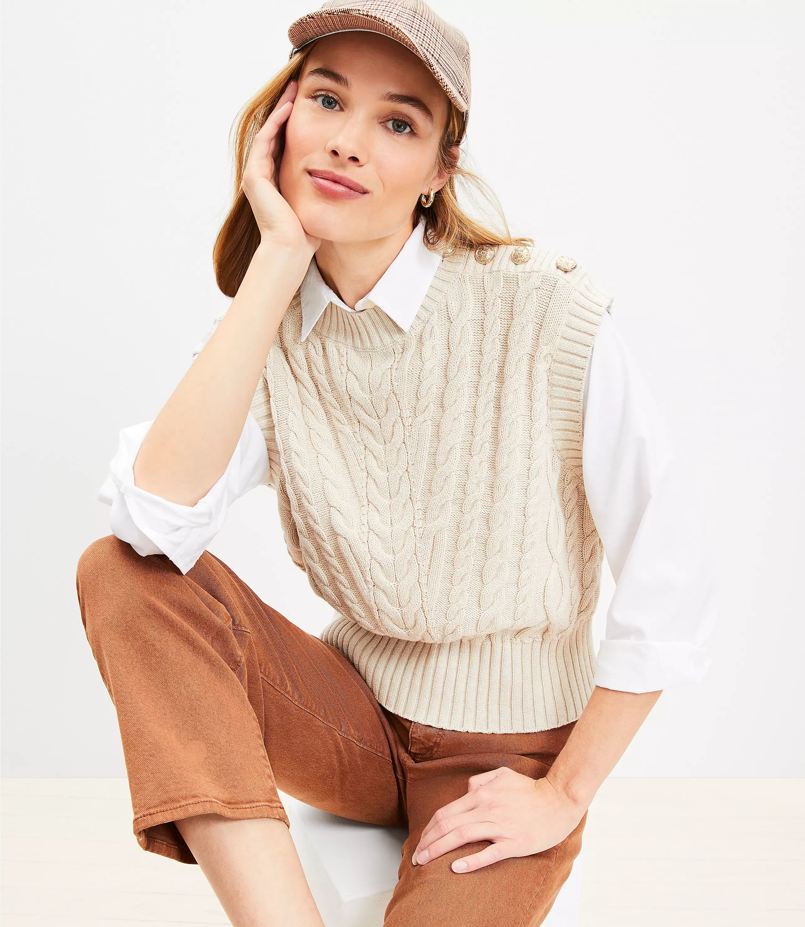 Petite Shoulder Button Cable Sweater Vest | LOFT