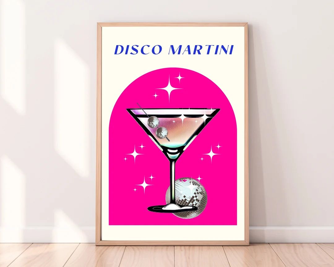 Disco Ball Martini, Retro Cocktail Print, Funky Groovy Poster, Dorm Room Decor, Bar Artwork, Prep... | Etsy (US)