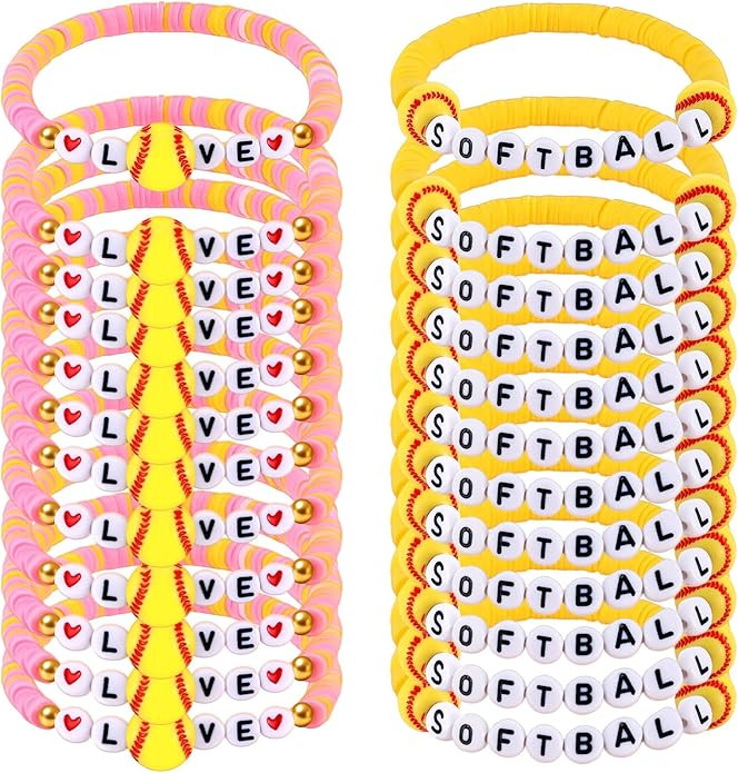 24 Pcs Softball Bracelets Team Gifts Bulk, Novelty Stretch Letter Clay Beaded Softball Jewelry Sp... | Amazon (US)