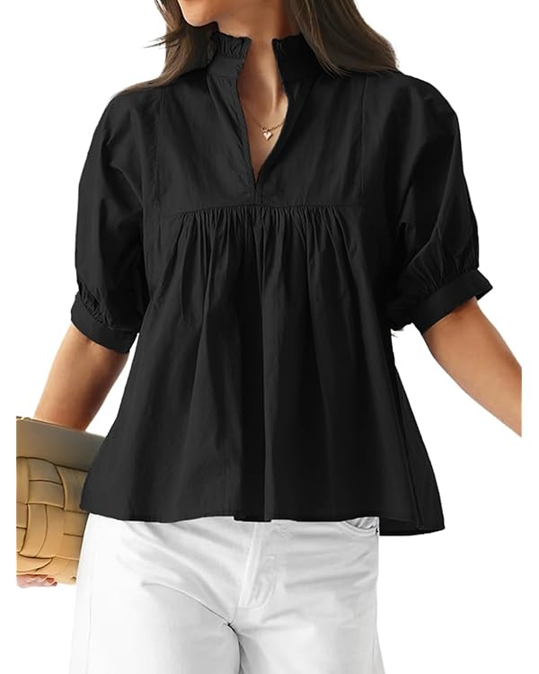 Cicy Bell Womens Puff Sleeve V Neck Blouse Babydoll Peplum Tops Dressy Casual Pleated Loose Fit S... | Amazon (US)