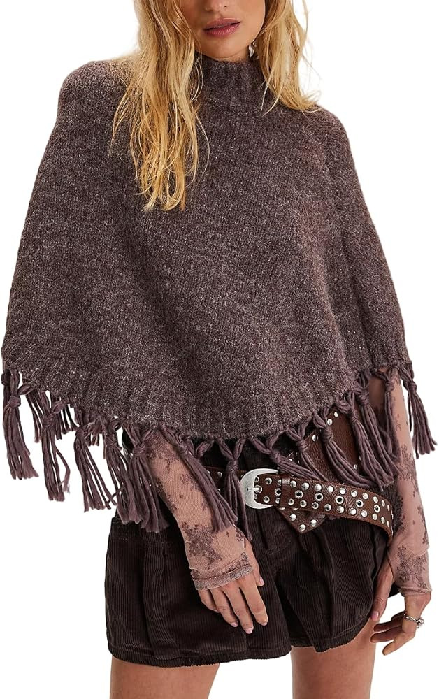 Women Tassel Poncho Sweater Mock Neck Fringed Hem Shawl Y2k Vintage Asymmetrical Pullover Cape Sh... | Amazon (US)