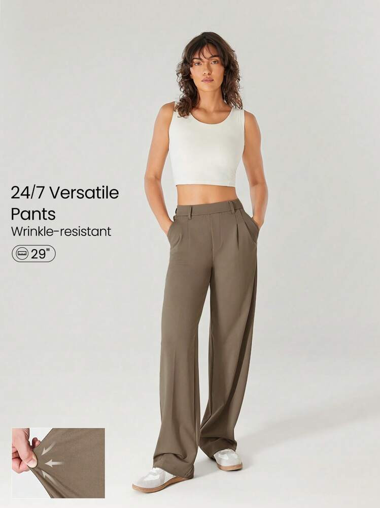 GLOWMODE 29" Versatile Wrinkle-Resistant Stretchy Easy Pull-On Tailored Wide Leg Work Pants With Side Pockets Daily Casual Office  Spring Summer | SHEIN