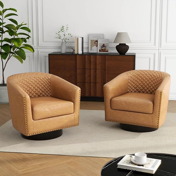 Swivel Barrel Accent Chair, Comfy Modern Upholstered Round Faux Leather Arm Chair for Living Room... | Amazon (US)