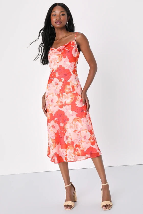 Fabulous Destiny Pink Floral Swiss Dot Cowl Neck Midi Dress | Lulus