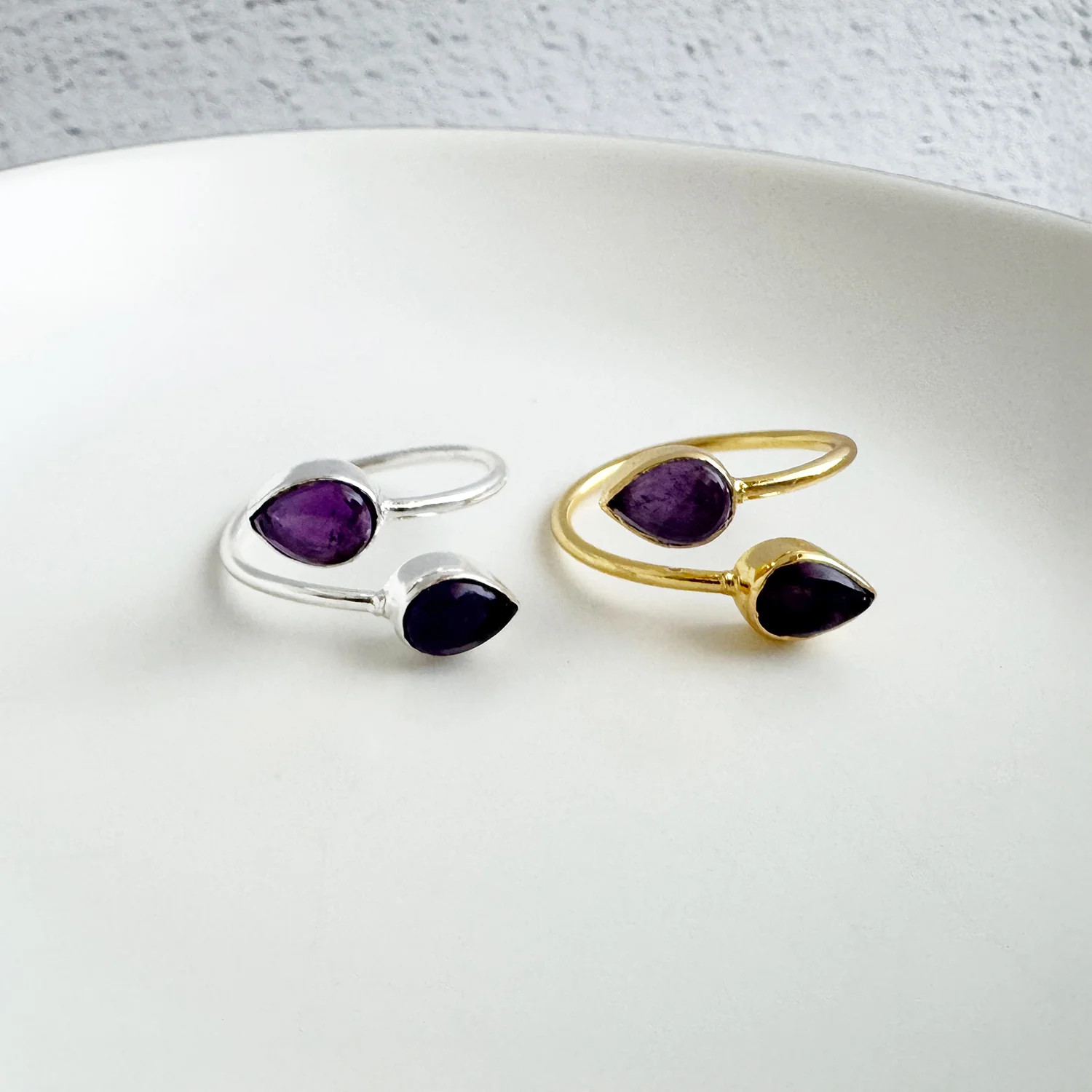 Double Teardrop Stone Wrap Ring in Amethyst | Rustic Gem Jewelry