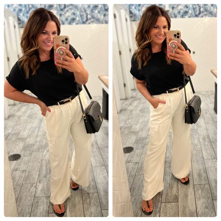 Summer outfit. White pants. White cargo pants. Black blouse. White and black. Black and gold belt. Summer date night. OOTD. Teacher OOTD. 

#LTKStyleTip #LTKFindsUnder50 #LTKWorkwear