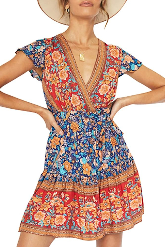 ZESICA Women's 2023 Summer Wrap V Neck Bohemian Floral Print Ruffle Swing A Line Beach Mini Dress | Amazon (US)