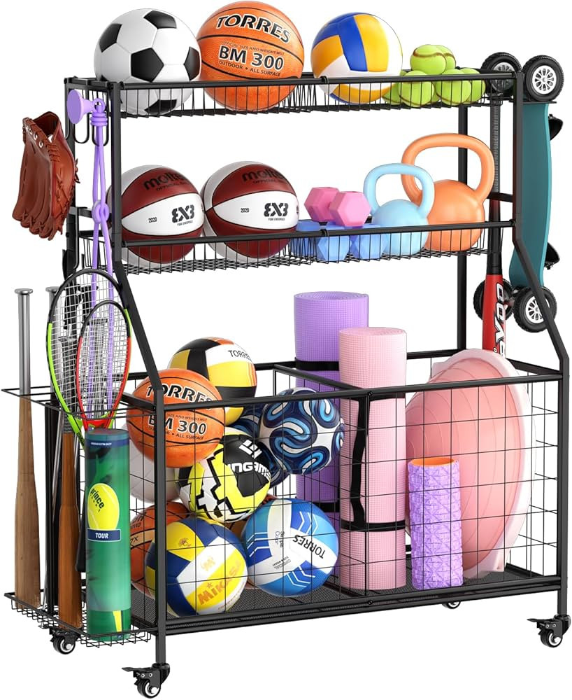 WUC Sports Equipment Organizer - Garage Ball Storage Rack with Basket, Hooks and Rolling Cart for... | Amazon (US)