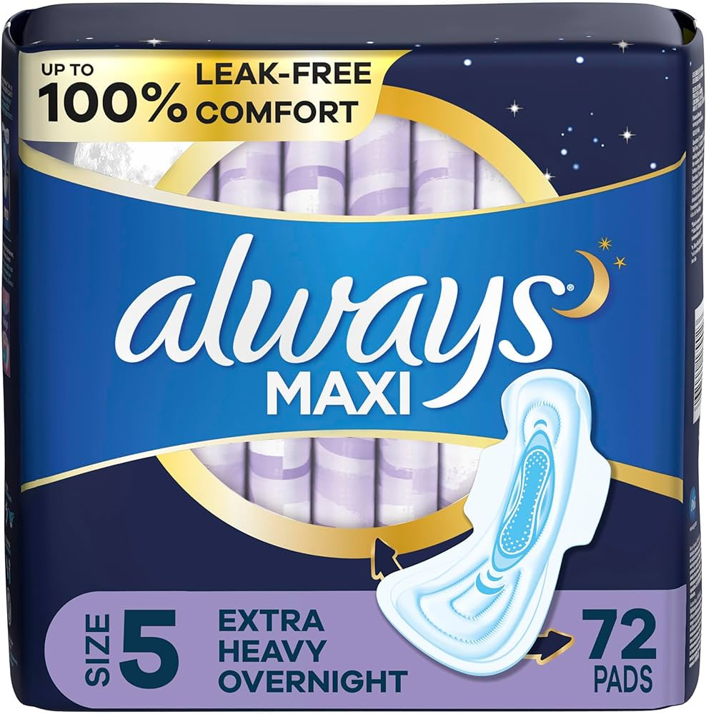 Always Maxi Overnight Pads with Wings, Size 5, Extra Heavy Overnight, Unscented, 72 Count | Amazon (US)