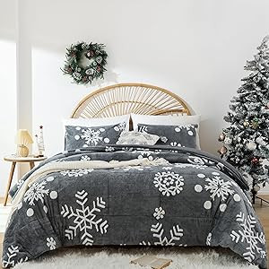 JANZAA Queen Comforter Set Christmas Bedding with White Snowflake Stereoscopic on Grey Comforter ... | Amazon (US)
