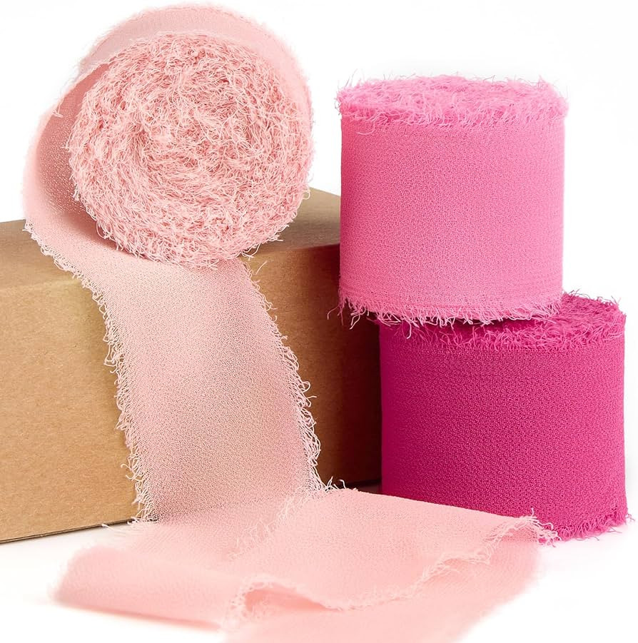 Hot Pink Chiffon Ribbon 1.5'' x 21 Yd Hot Pink/Blush Pink Handmade Fringe Chiffon Silk Ribbon for... | Amazon (US)