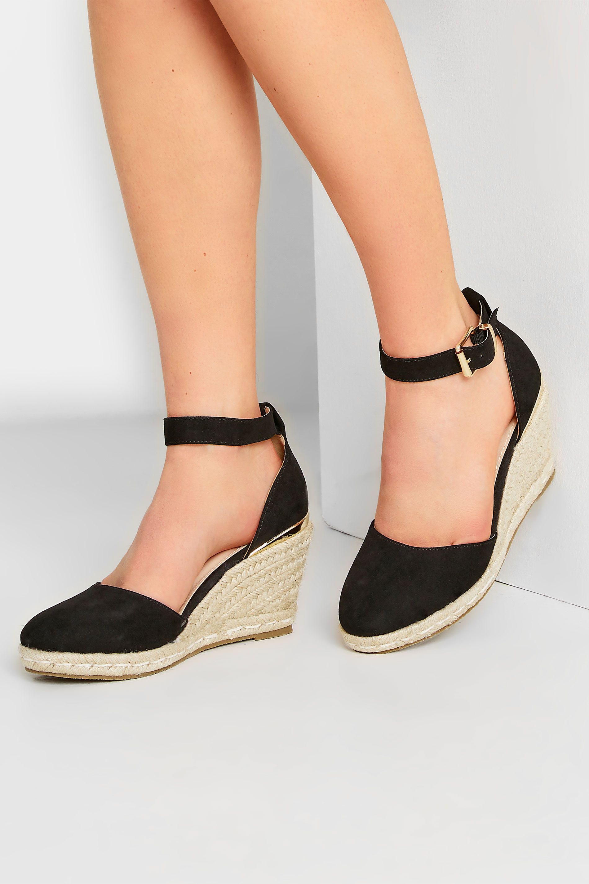PixieGirl Black Espadrille Wedge Sandals In Standard Fit | Long Tall Sally