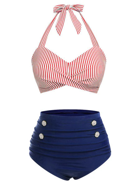Red & Blue 1940s Striped Halter Swimsuit Set | Retro Stage