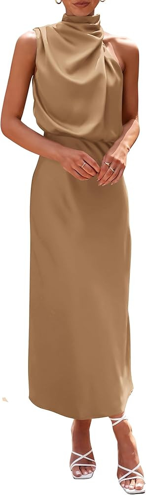 PRETTYGARDEN Women's 2026 Summer Satin Dress Elegant Sleeveless Mock Neck Cocktail Party Maxi Dre... | Amazon (US)