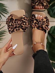 OYOANGLE Women's Leopard Print Bow Decor Slide Sandals Flat Sandals Vacation Colorblock Open Toe ... | Amazon (US)