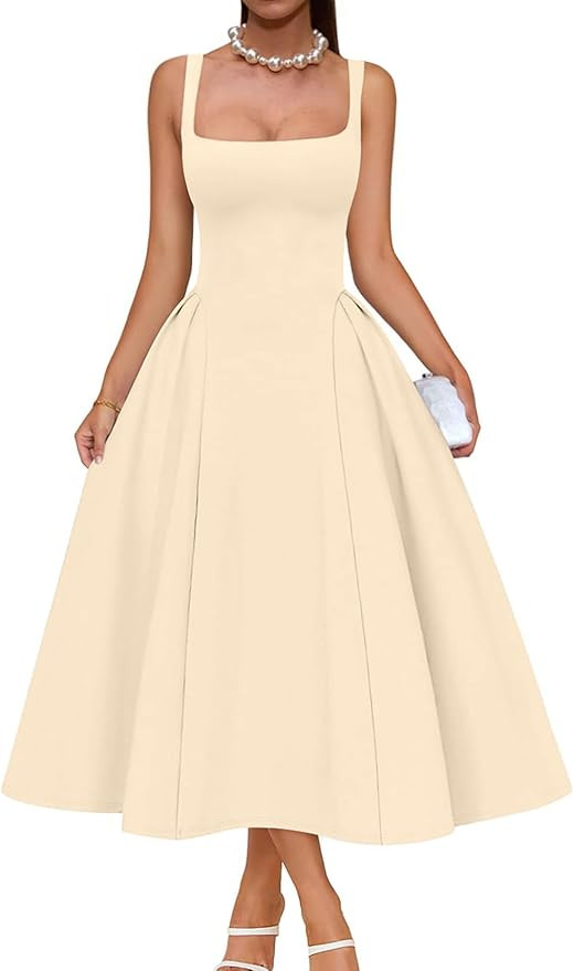 Memoriesea Women's Elegant Square Neck Swing A Line Wedding Evening Party Midi Dress | Amazon (US)