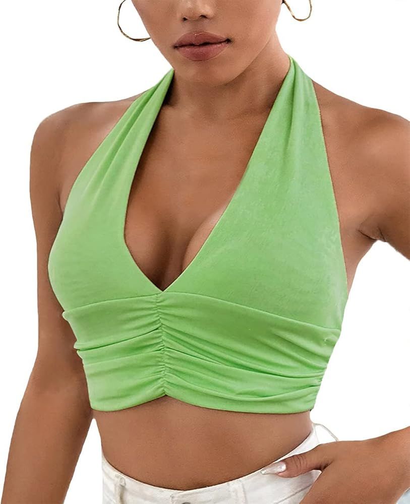 ELIGROW Women's Deep Sexy V Neck Halter Crop Top Tie Back Sleeveless Backless Cami Tank Tops | Amazon (US)