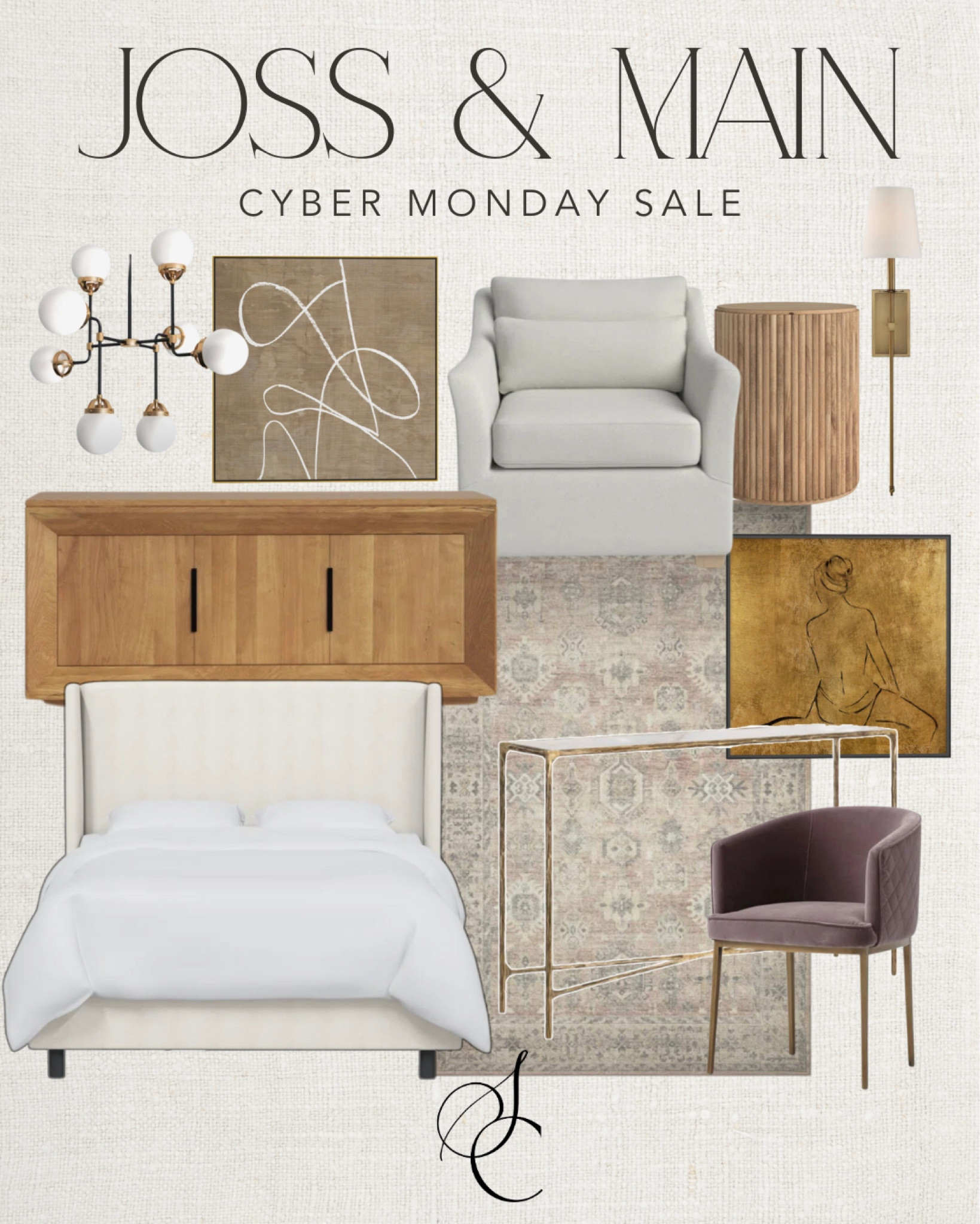 Joss&Main Cyber Monday sale includes upholstered bed frame, sideboard, accent chair, wall art, chandelier, side table, sconces, console table, area rug, and upholstered dining chair.

Cyber Monday Sale, sale alert, home sale

#LTKCyberWeek #LTKhome #LTKsalealert
