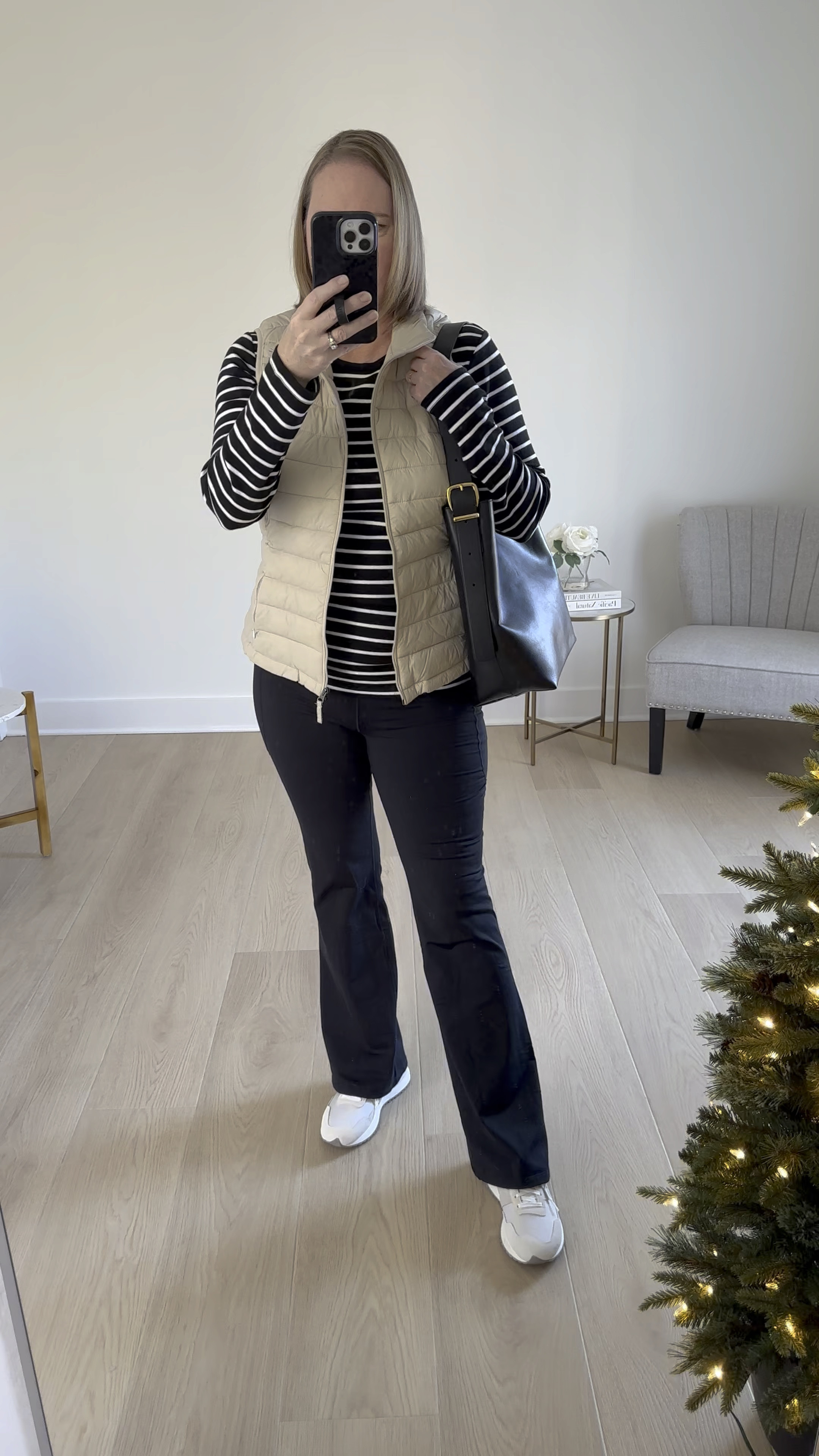 Outfit of the day from my Cozy Comfy winter capsule wardrobe ✔️ an easy to wear outfit: striped tee, flare leggings, puffer vest and sneakers. 😀

#LTKMidsize #LTKActive #LTKFindsUnder50