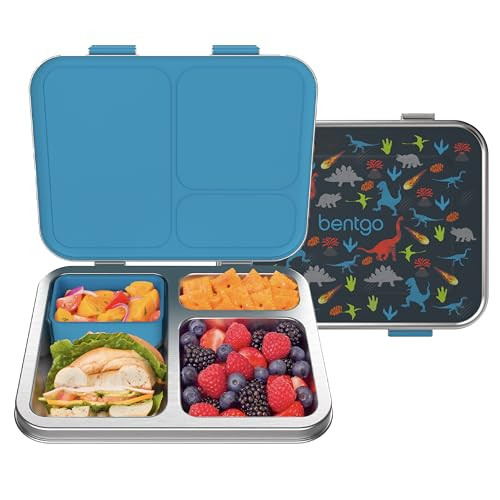 Bentgo Kids Stainless Steel Prints Leak-Resistant Lunch Box - 3-Compartments with Bonus Silicone Container, Durable, Eco-Friendly, Dishwasher Safe, BPA-Free, Ideal for School, Ages 3+ (Dinosaur) | Amazon (US)