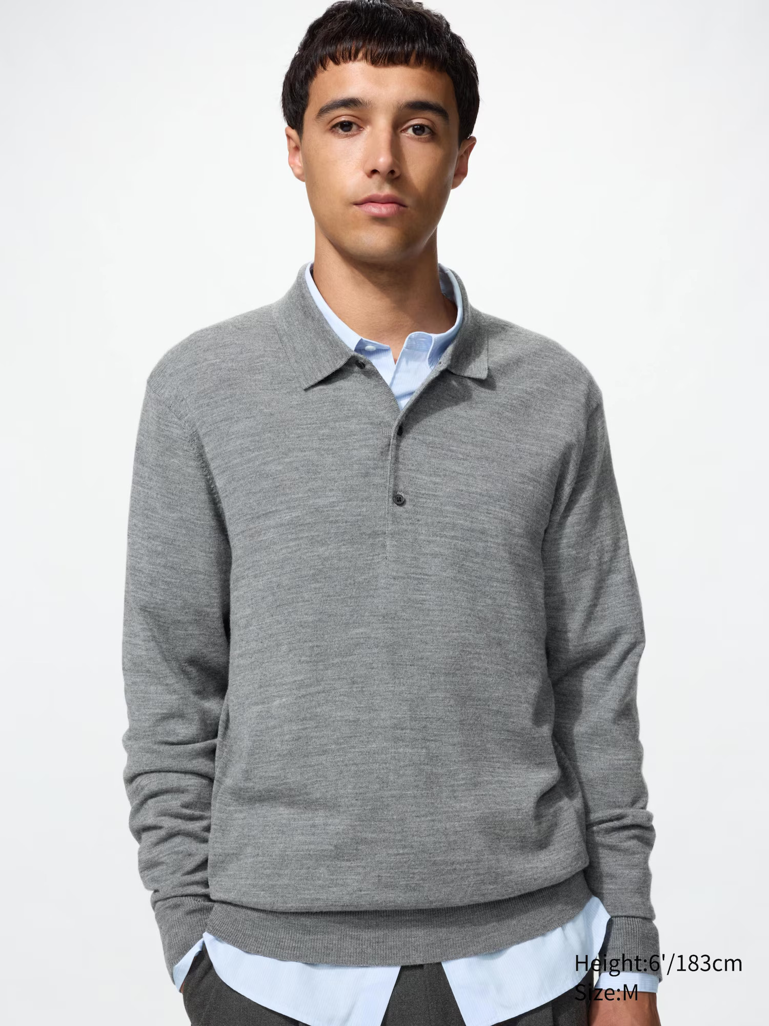 Uniqlo - Wool Knitted Long Sleeved Polo Shirt - Gray - S | UNIQLO (UK)