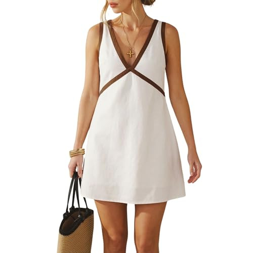Polomitas Women’s Sleeveless Mini Dress Deep V Neck Cotton A Line Summer Casual Contrast Trim S... | Amazon (US)