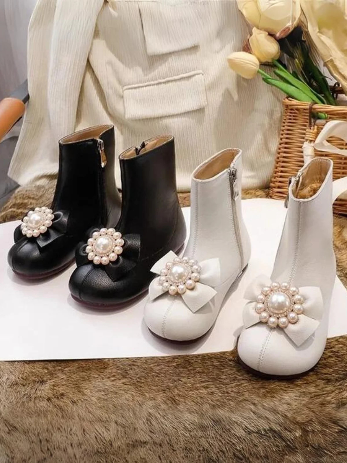 Catwalk Elegance Pearl Bow Ankle Boots By Liv and Mia | Mia Belle Girls