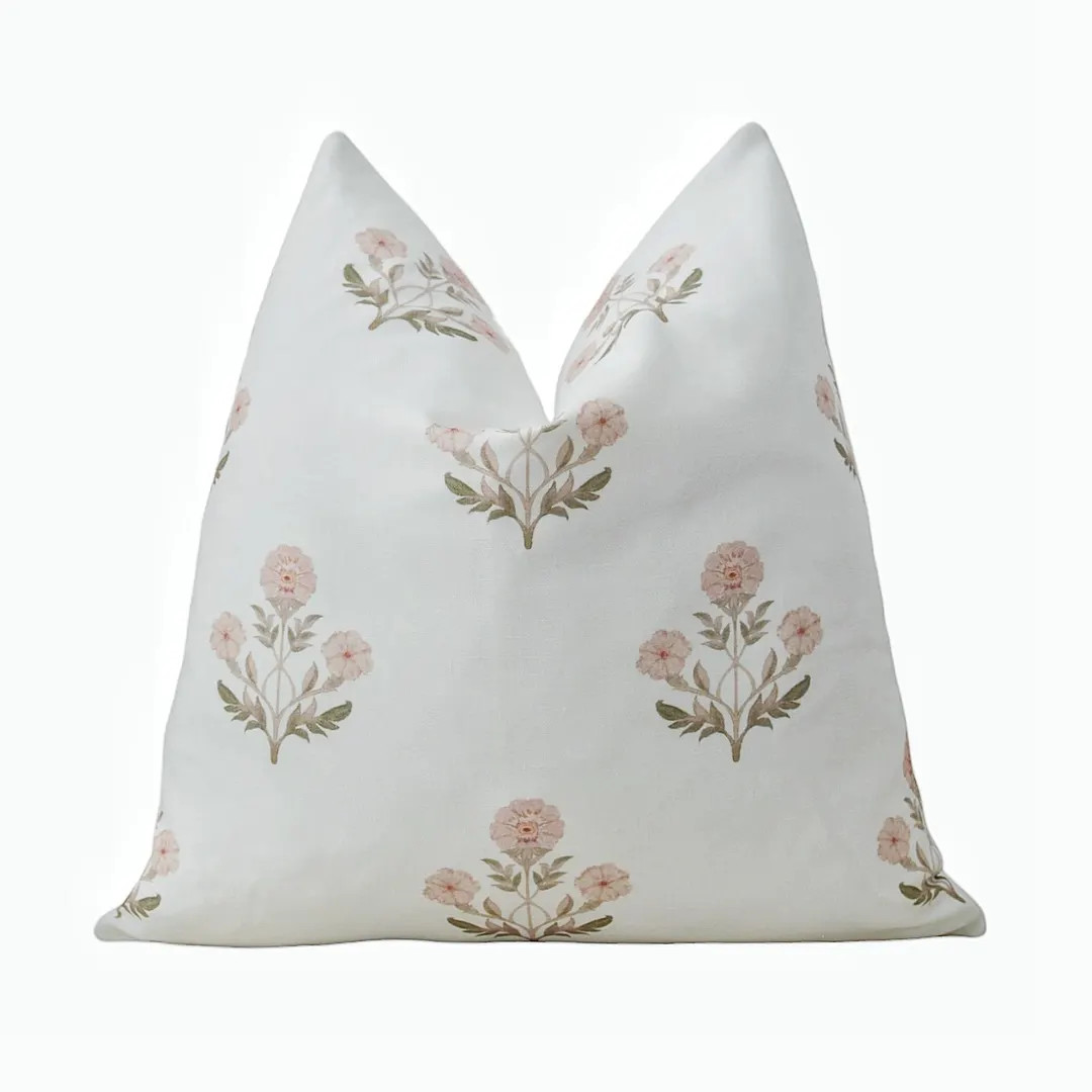 Blush Pink Floral Linen Pillow Cover || Block print style, minimal pattern, country cottage | Etsy (US)
