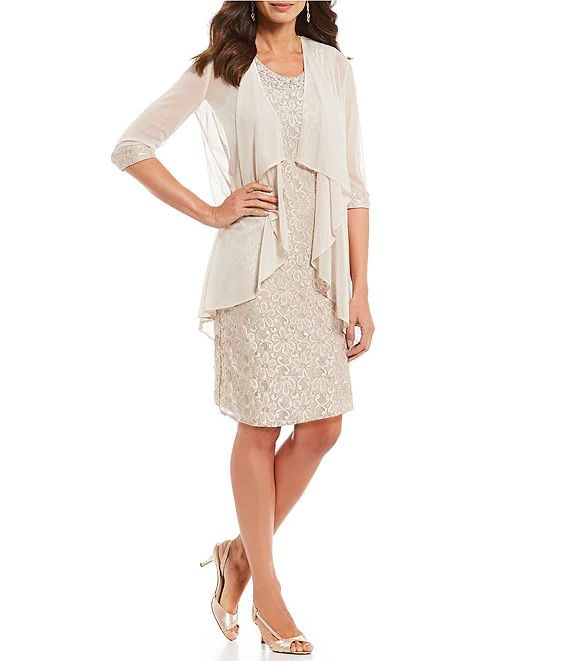 Petite Size Beaded Glitter Scoop Neck 3/4 Sleeve Lace 2-Piece Jacket Dress | Dillard's