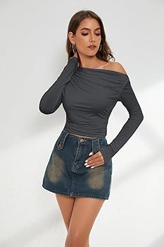 Meladyan Women One Off Shoulder Long Sleeve Crop Top T Shirt Solid Ruched Slim Fit Sexy Cropped T... | Amazon (US)