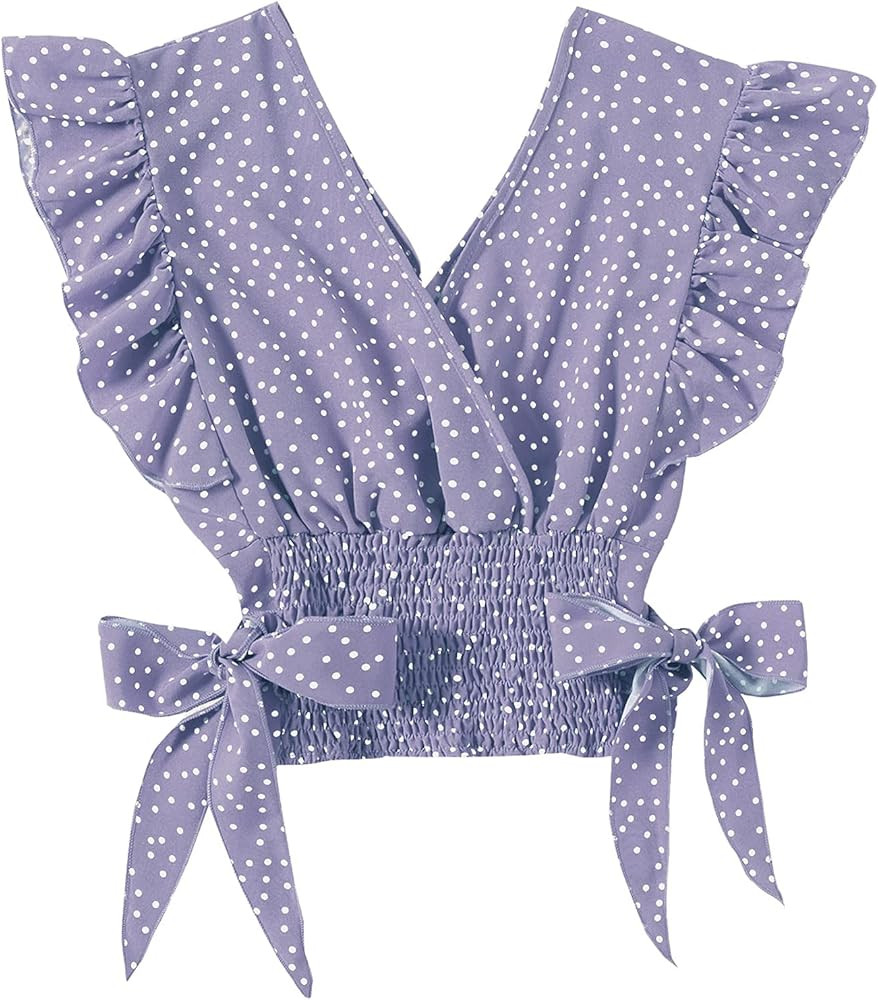 LYANER Women's V Neck Polka Dots Ruffle Cap Sleeve Shirred Hem Blouse Crop Tank Top | Amazon (US)