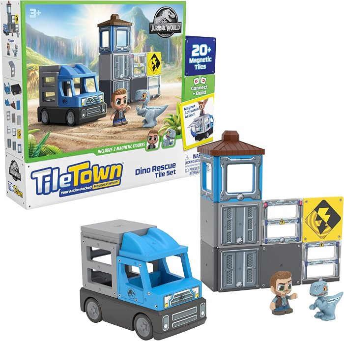 Tile Town Jurassic World Dino Rescue Magnetic Tiles Construction Building Set + Figures + Car, Ki... | Amazon (US)