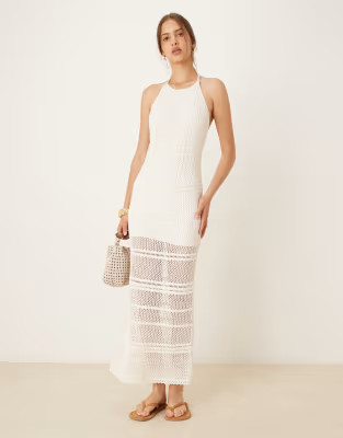Abercrombie & Fitch crochet high neck open back maxi dress with beaded straps in cream | ASOS | ASOS (Global)