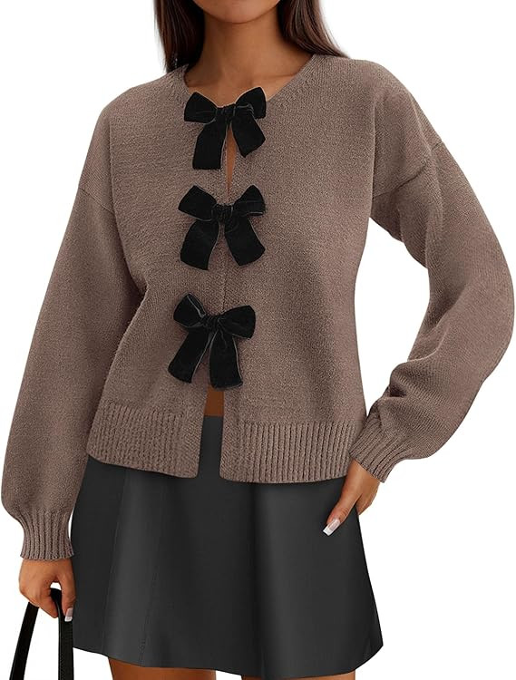 PRETTYGARDEN Cardigan Sweaters for Women Fall Fashion 2025 Bow Tie Front Long Sleeve Knit Sweater... | Amazon (US)