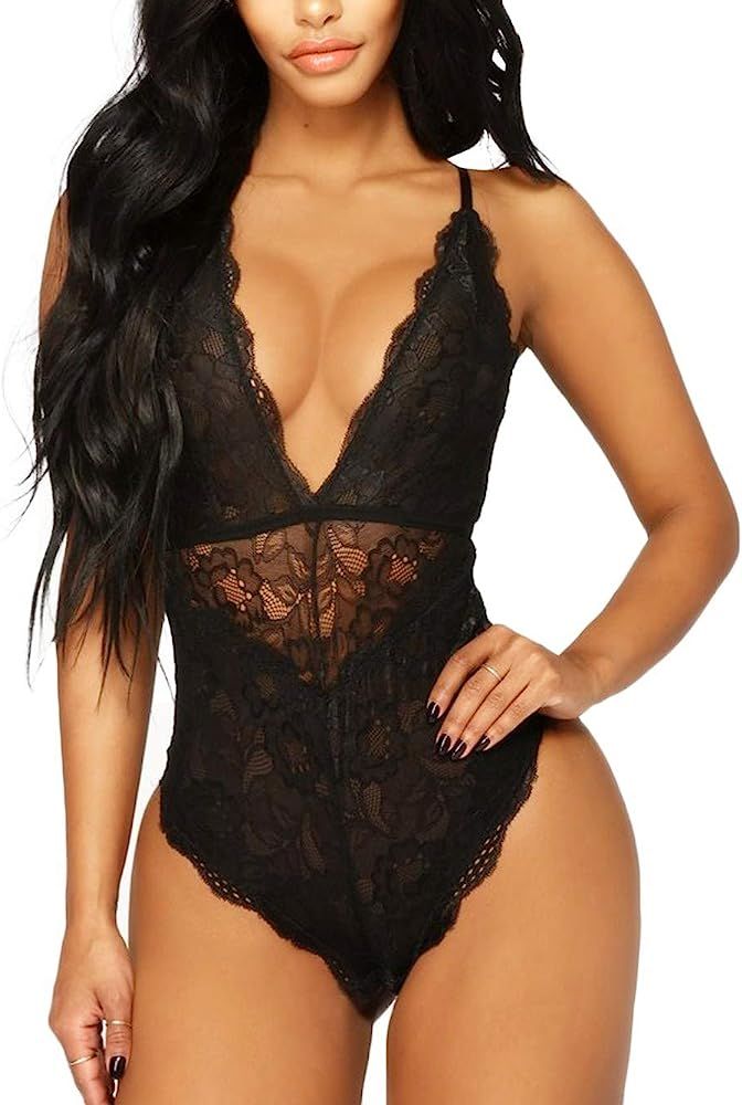 Kaei&Shi Plus Size V-Neck See Through Lingerie Floral Lace Teddy Sexy Lingerie for Women One Piece C | Amazon (US)