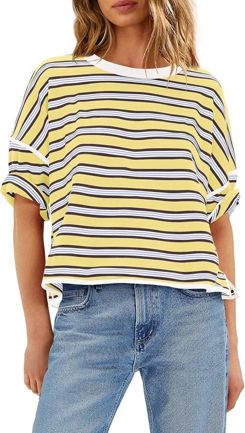ReachMe Womens Striped Oversized T Shirts Vintage Drop Shoulder Crew Neck Short Sleeve Tees Casua... | Amazon (US)