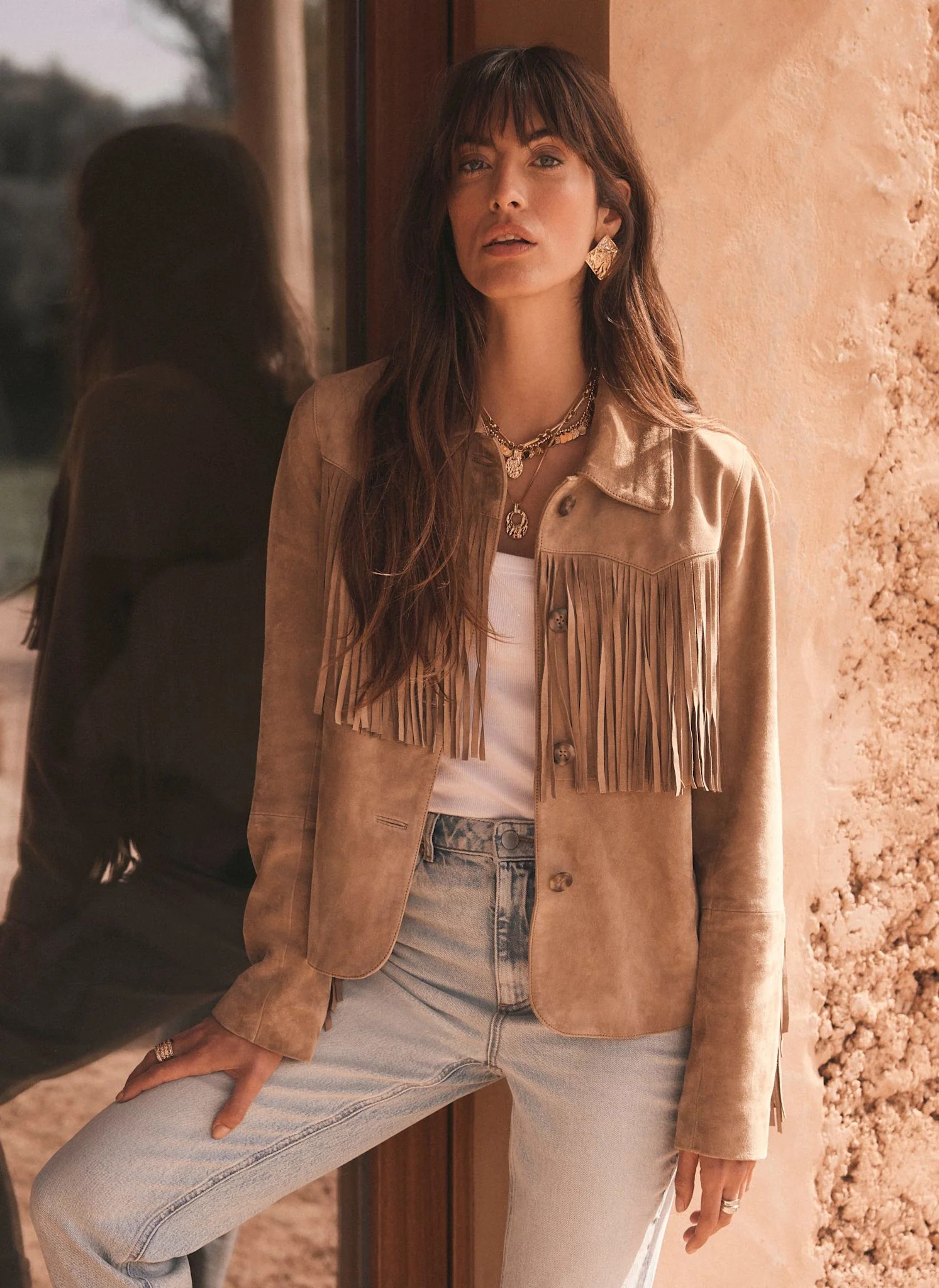 Neutral Suede Fringed Jacket | Mint Velvet