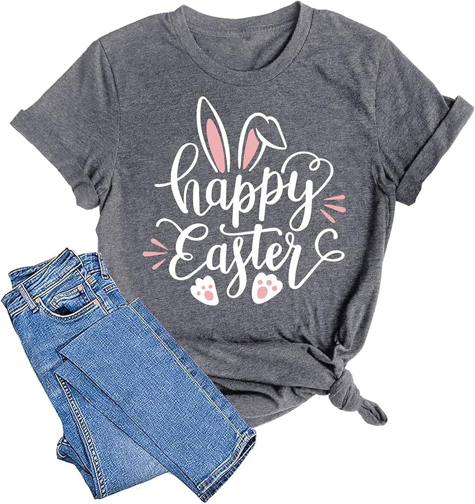 Women Happy Easter T Shirt Bunny Rabbit Graphic T-Shirt Funny Letter Printed Shirts Short Sleeve ... | Amazon (US)