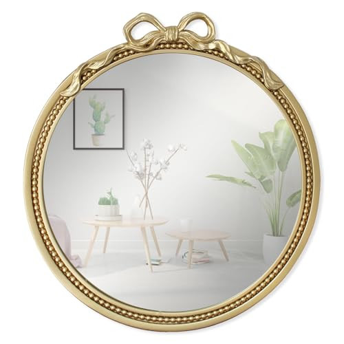15.75" Gold Bow Decorative Round Mirror, Metal Frame Hanging Circle Mirror, Wall Mounted for Entryway, Bathroom, Vanity, Living Room | Amazon (US)