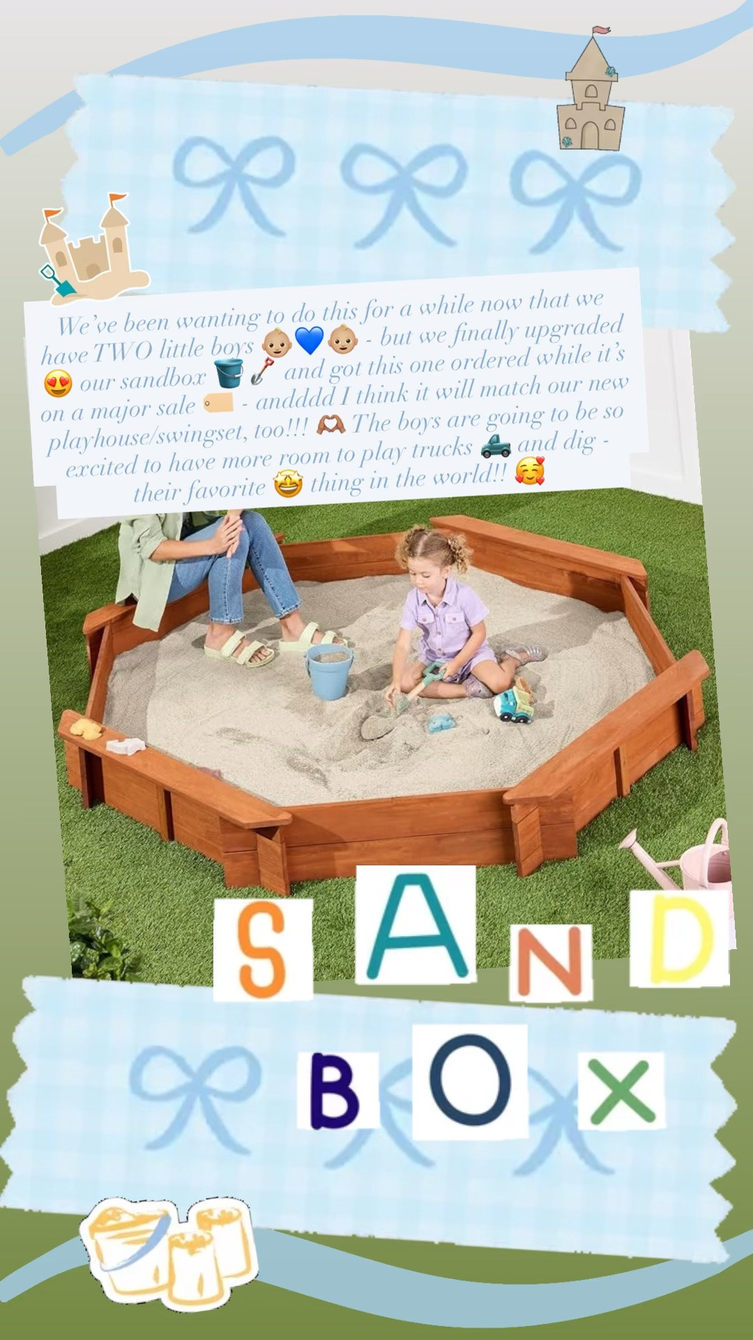 We’ve been wanting to do this for a while now that we have TWO little boys 👶🏼💙👶🏼 - but we finally upgraded 😍 our sandbox 🪣🪏 and got this one ordered while it’s on a major sale 🏷️ - andddd I think it will match our new playhouse/swingset, too!!! 🫶🏽 The boys are going to be so excited to have more room to play trucks 🛻 and dig - their favorite 🤩 thing in the world!! 🥰