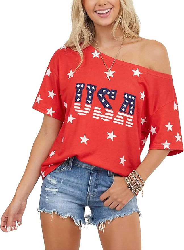 FASHGL America Flag Cold Shoulder Shirt Women Oversized USA Shirt | Amazon (US)