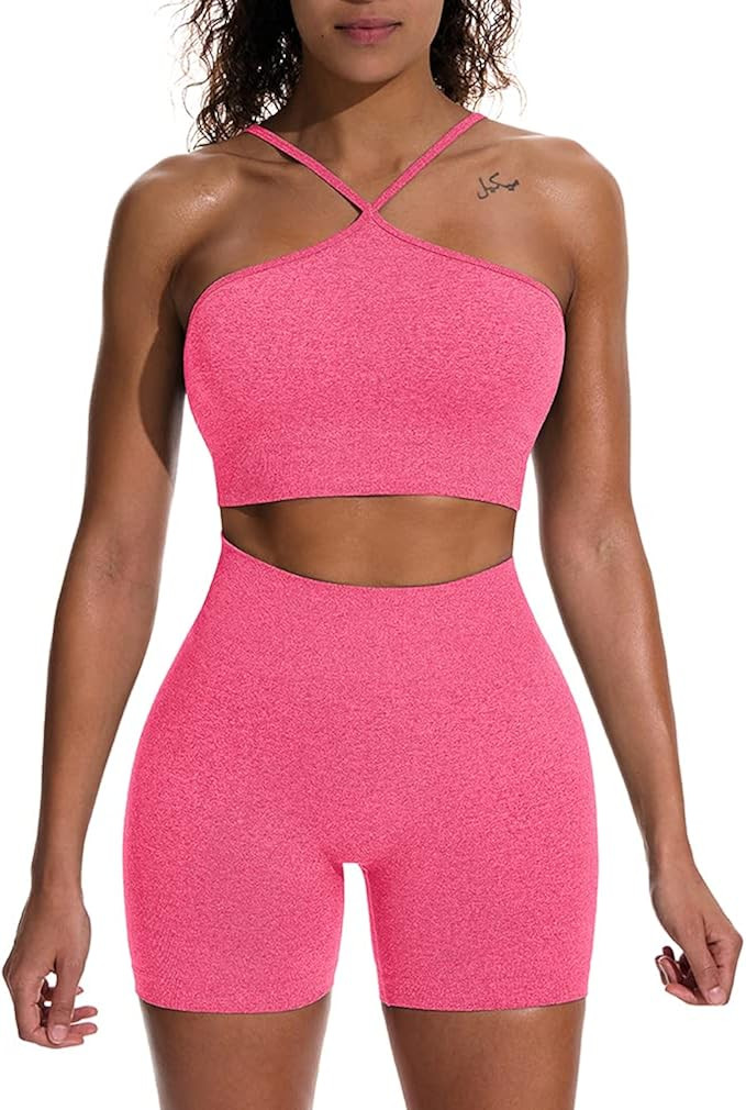 HYZ Women's Workout 2 Piece Outfits High Waist Running Shorts Seamless Gym Yoga Crop Top Bra Sets | Amazon (US)