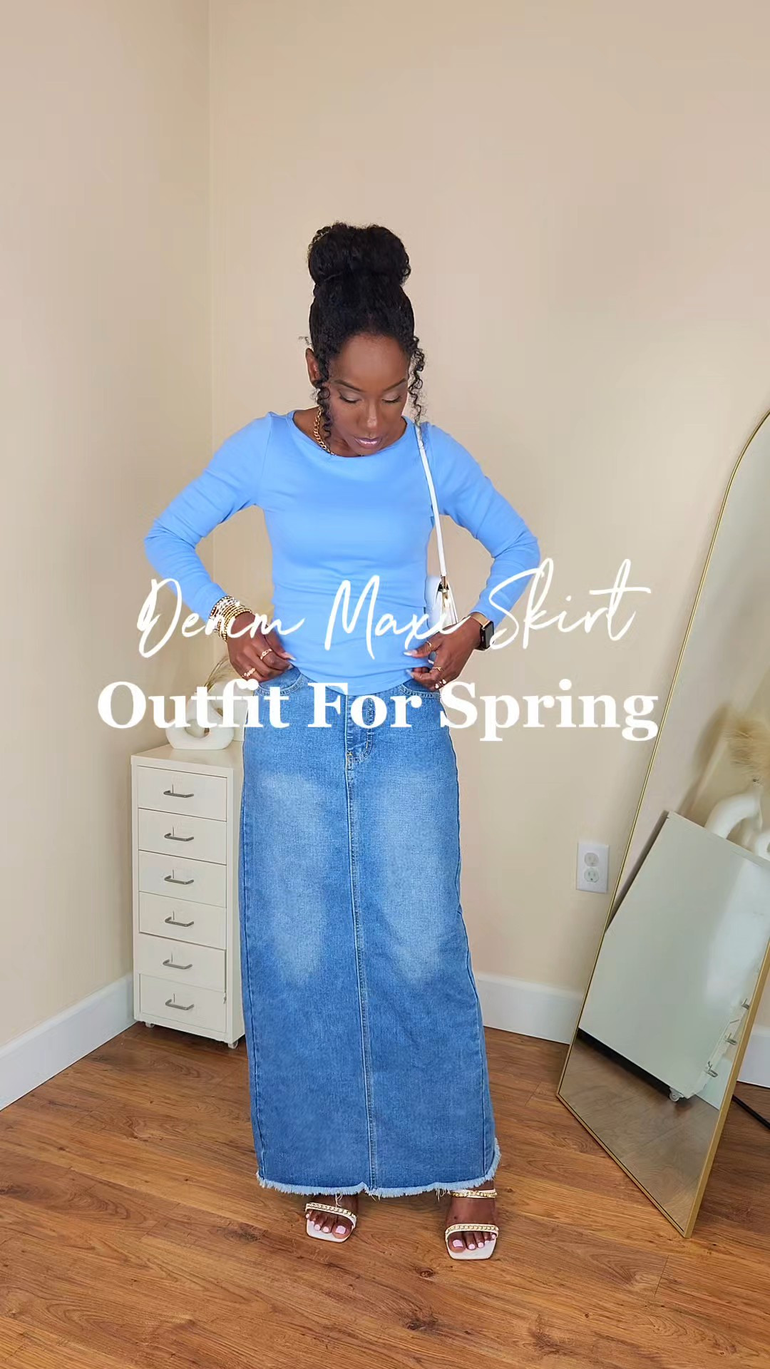 The perfect transition to Spring Outfit 💙 A fitted blue long sleeve boatneck top paired with a classic denim maxi skirt for an effortless but polished look. Styled with white heels and a structured white shoulder bag to elevate the entire outfit. This look is feminine, flattering, and perfect for brunch, date night, or Sunday outings. 

#LTKgrwm #LTKootd #LTKSaleAlert