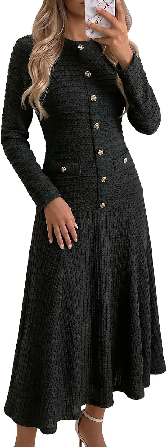 Wenrine Womens Midi Dress Formal Long Sleeve A Line Work Dresses | Amazon (US)