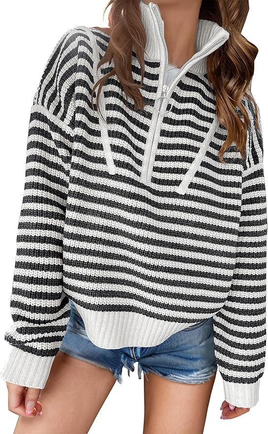 ANRABESS Sweaters for Women Striped Half Zip Long Sleeve Ribbed Knit Pullover Comfy Casual Lightw... | Amazon (US)