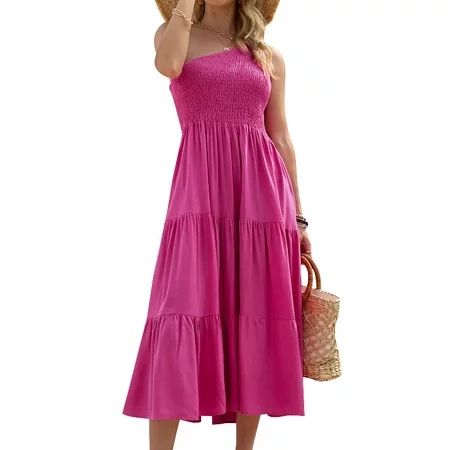 Women s Casual Summer One Shoulder Dress Sleeveless Empire Waist Plaid Midi Dress | Walmart (US)