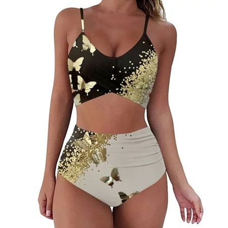 Womens Swimsuits Ladies Fashion Print Push Up Bathing Suit High Waist Split Swimwear Set Two Piece Swimsuit for Women Gold S | Walmart (US)