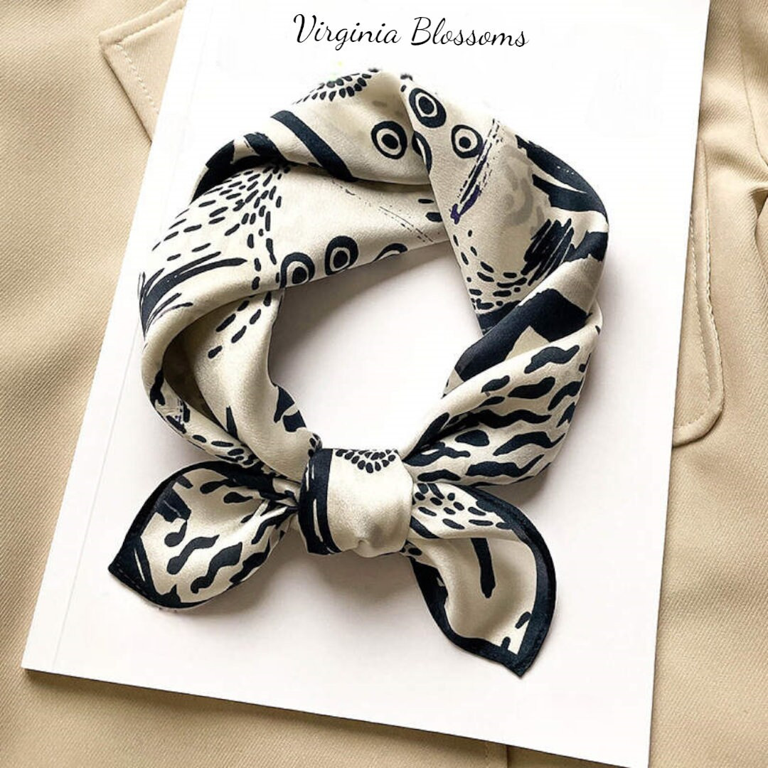 Black & Cream 53cm 100% Silk Square Scarf, Women's Scarf, Fashion Scarf, Bandana, Headband, Scrun... | Etsy (UK)