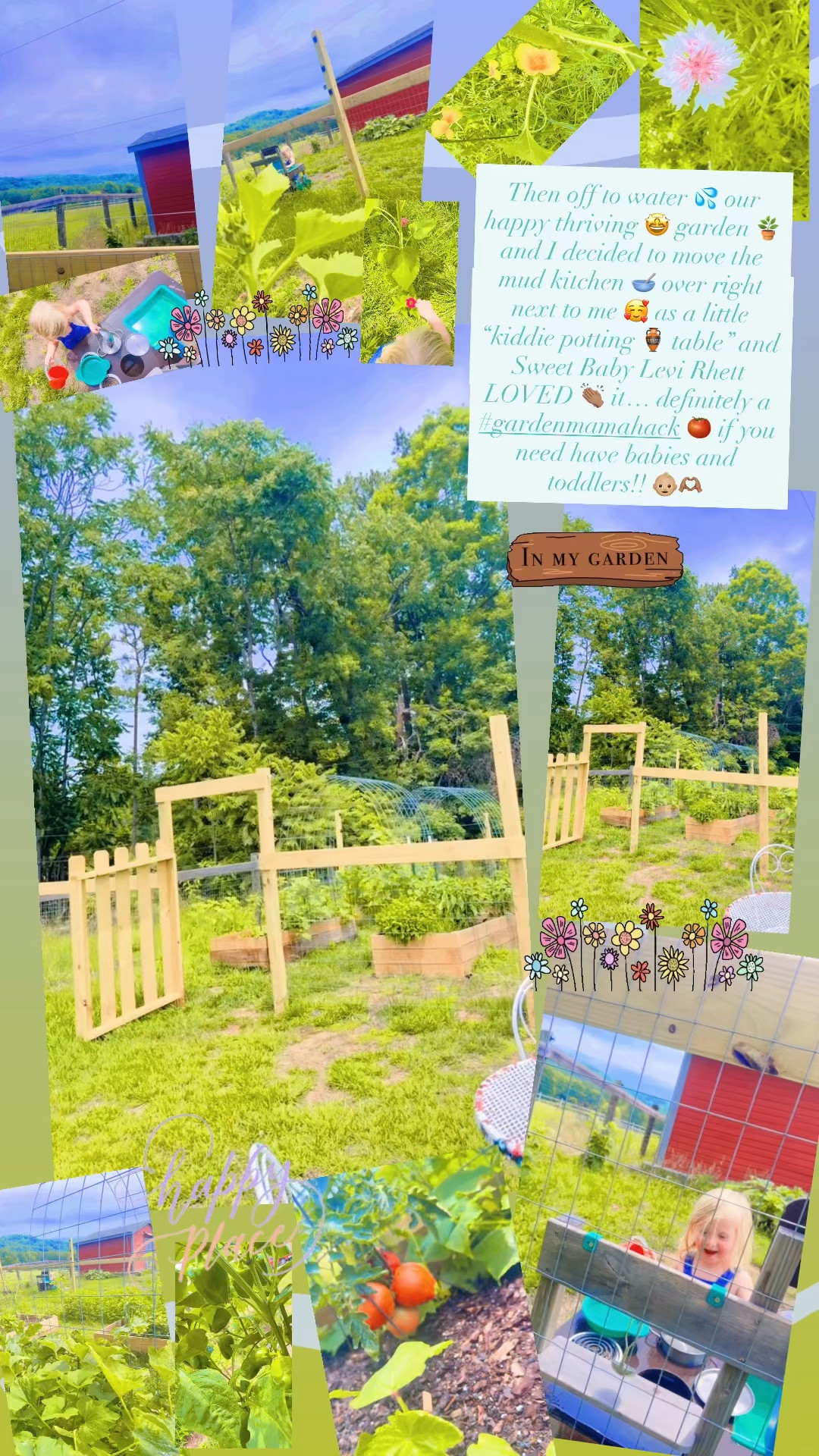 Then off to water 💦 our happy thriving 🤩 garden 🪴 and I decided to move the mud kitchen 🥣 over right next to me 🥰 as a little “kiddie potting 🏺 table” and Sweet Baby Levi Rhett LOVED 👏🏽 it… definitely a #gardenmamahack 🍅 if you need have babies and toddlers!! 👶🏼🫶🏽
