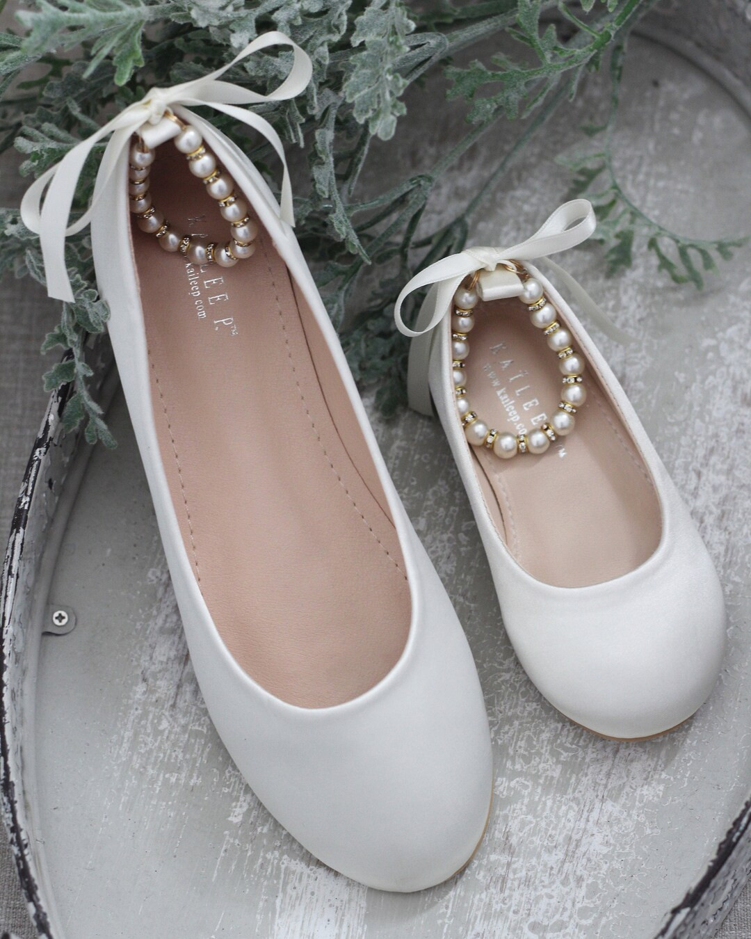 Women & Kids Shoes | Ivory Satin Flats with Pearls Ankle Strap - Flower girls shoes, IVORY Shoes,... | Etsy (US)